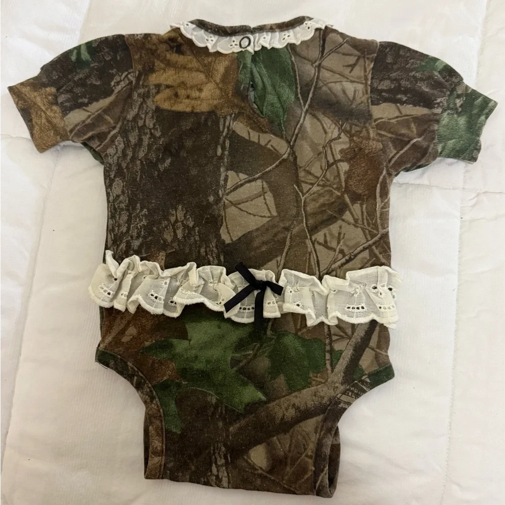 Infant Camo Onesie with buck and ruffles size 3 to 6 months